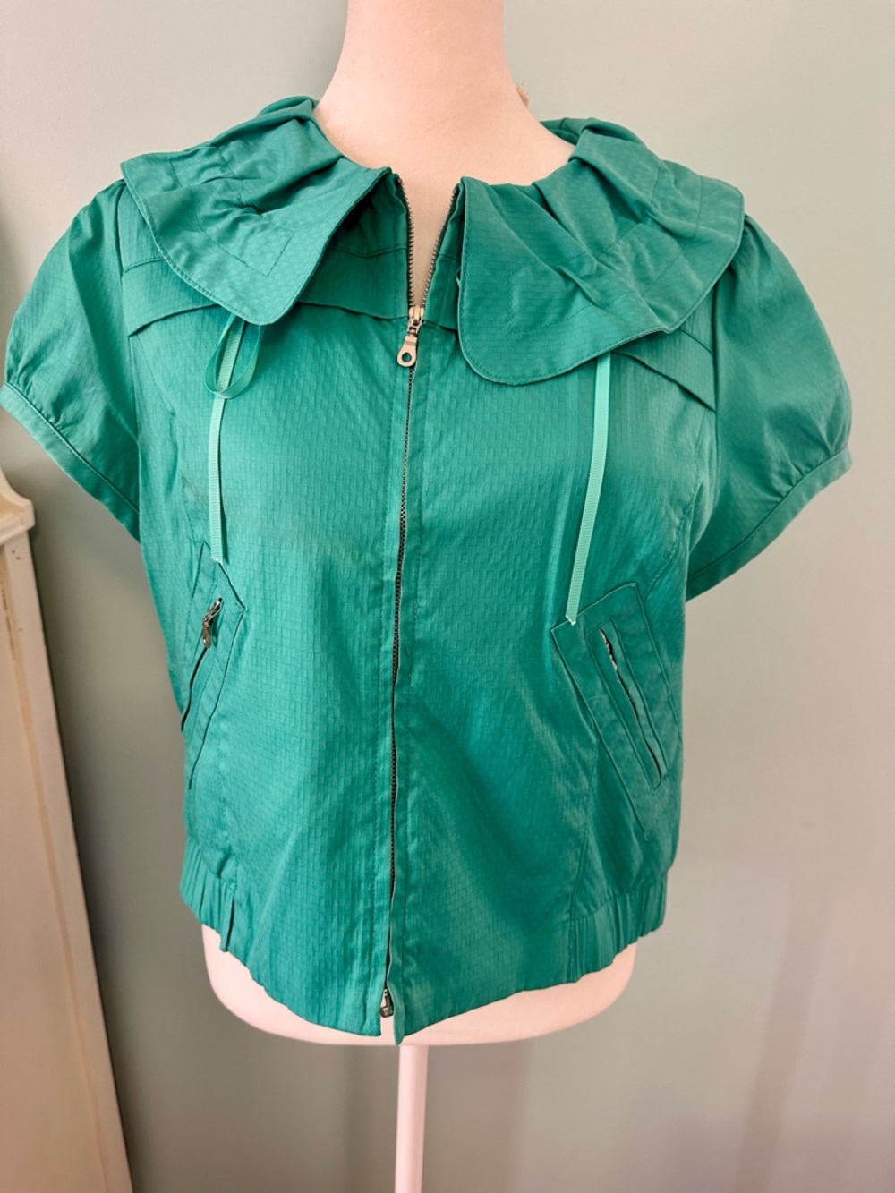 Joy Joy Teal Green Short-Sleeve Zip Bomber Jacket with Peter Pan Collar